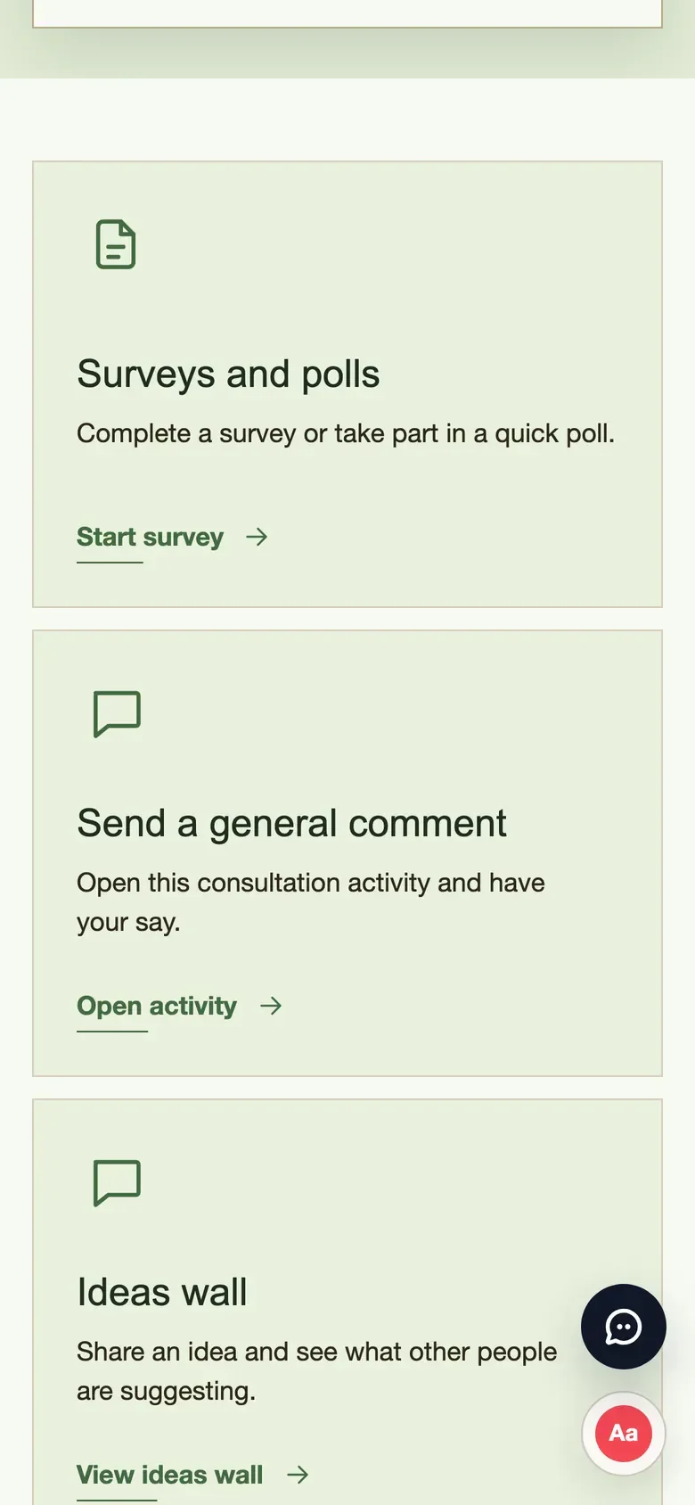 The Take part page on a phone, with each activity shown as a card with a short description and a button