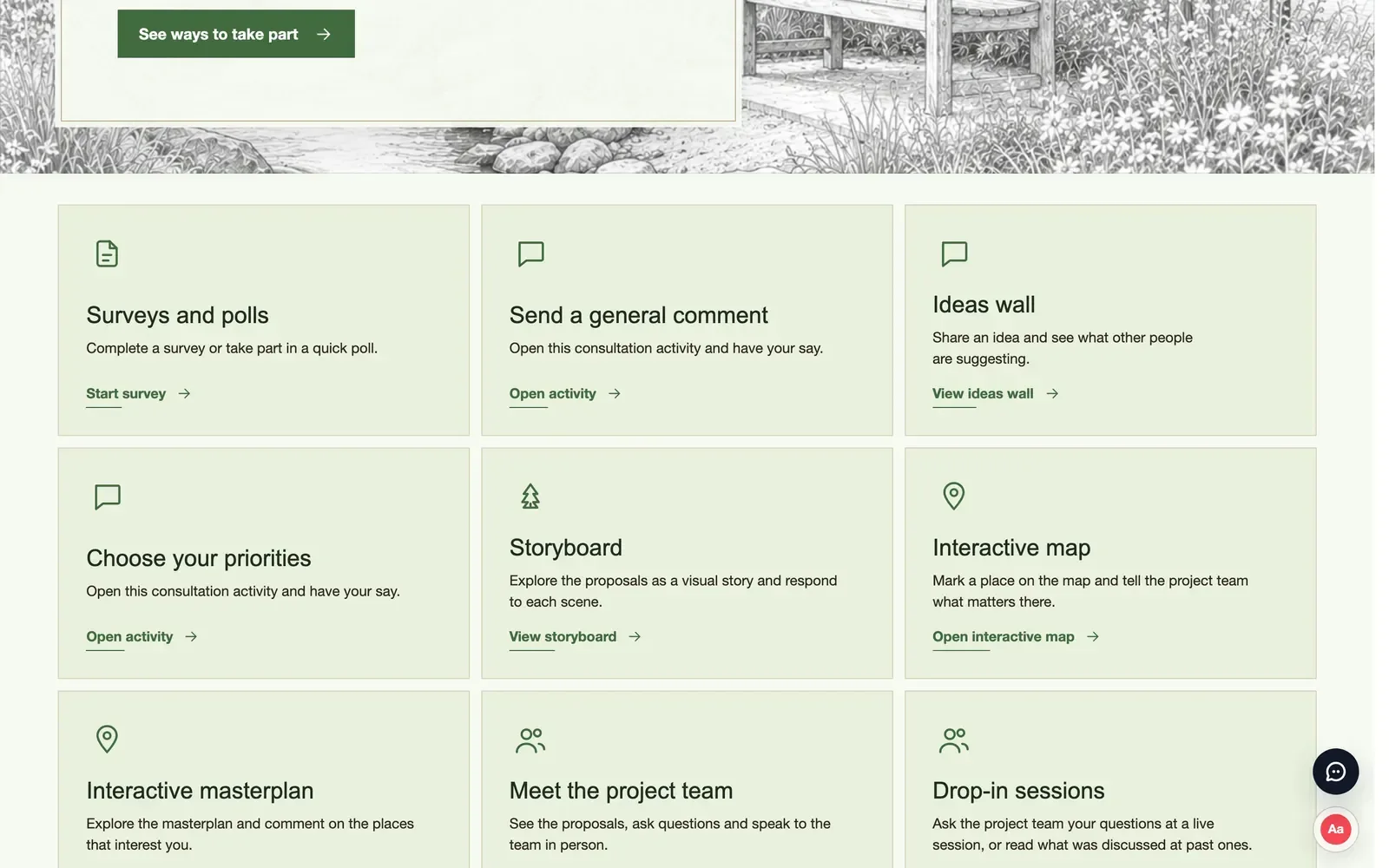 Activity cards on the Take part page, including surveys and polls, an ideas wall, a storyboard, an interactive map and drop-in sessions