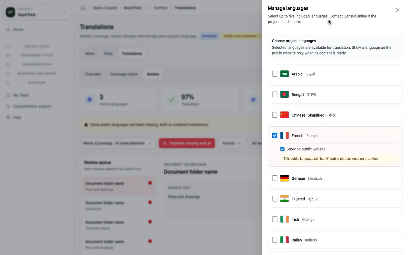 The Manage languages panel in the dashboard, where a team chooses the project’s languages and when each appears on the website