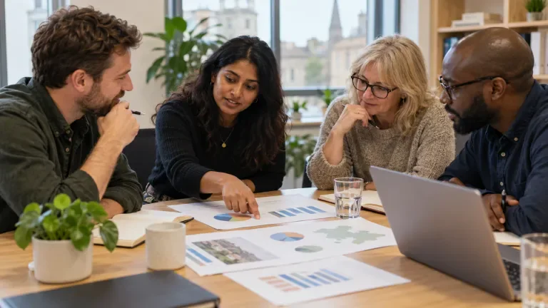 A project team at a meeting table with a printed consultation report and a laptop