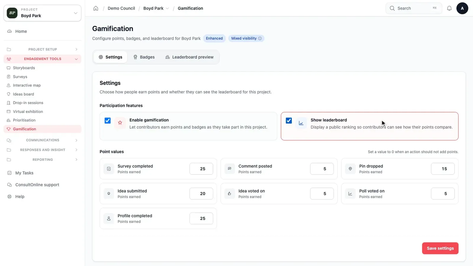 Contribution award settings in the dashboard, with options to switch awards on, show a leaderboard and set the points for each activity