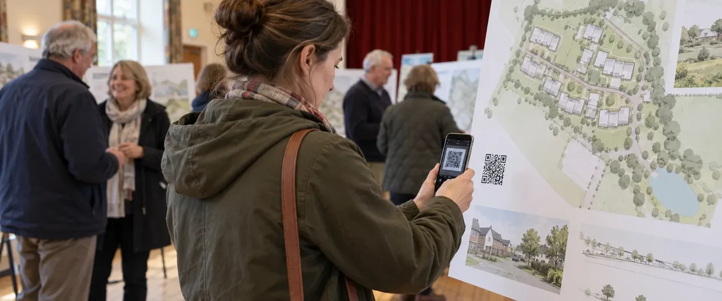 Residents at a village hall drop-in, one person scanning a QR code on an exhibition board with their phone
