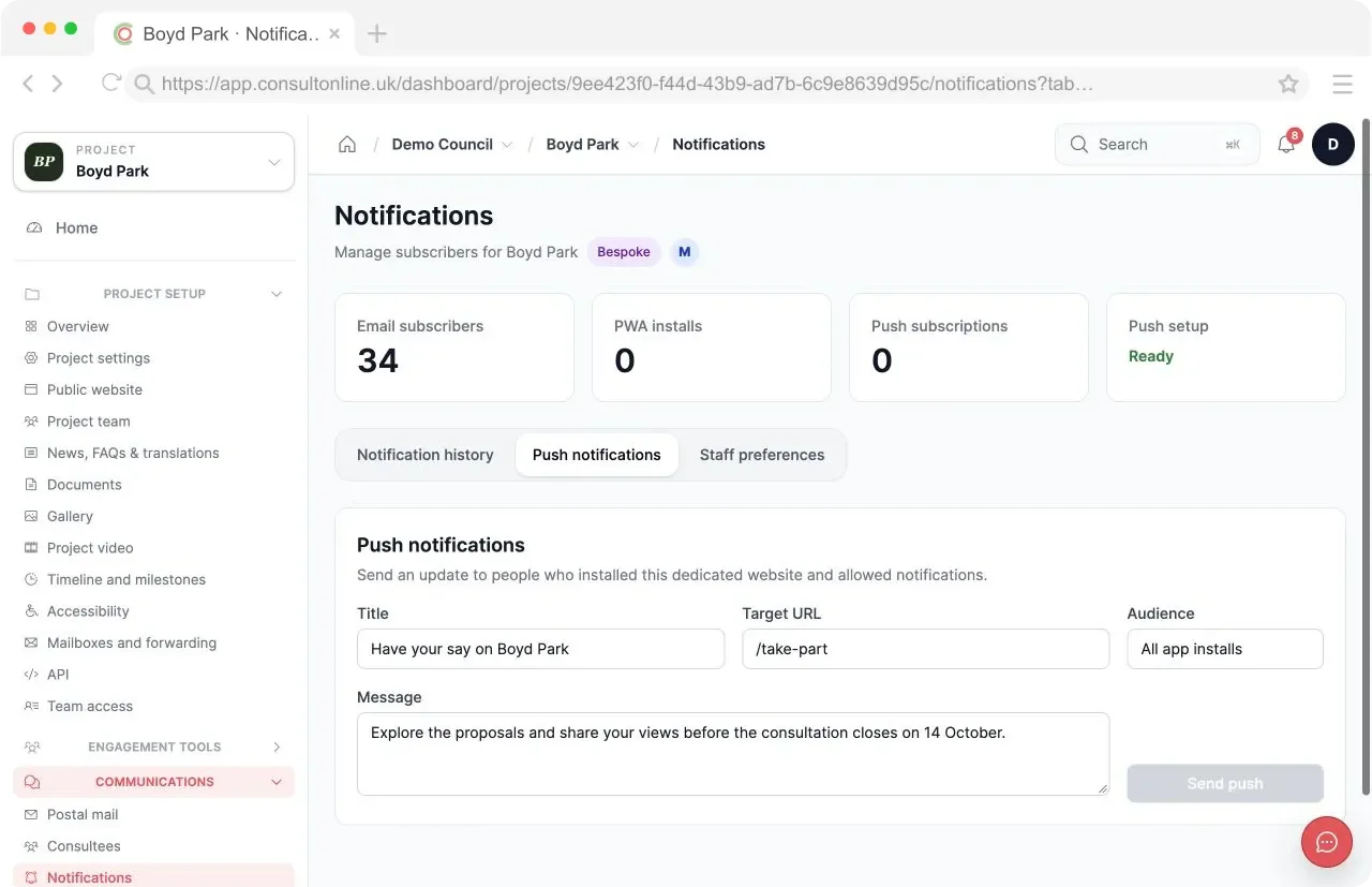 Notifications and engagement controls for a consultation project