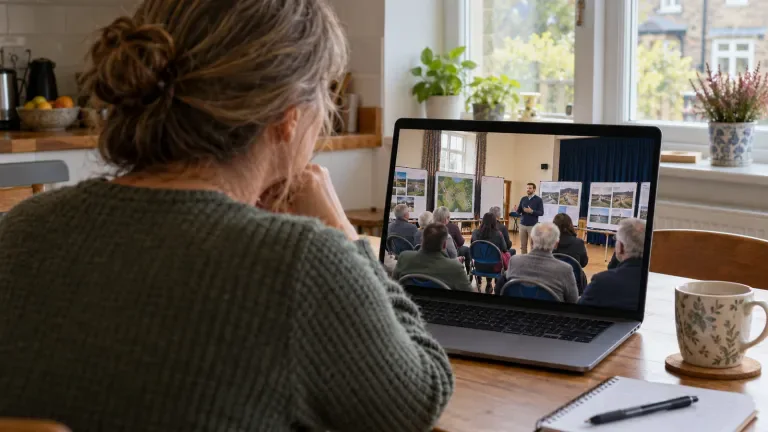 A person at a kitchen table on a video call, with a community hall event on the screen